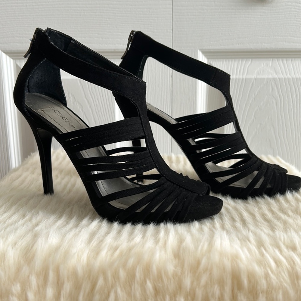 BCBGeneration, size 7.5, black suede gladiator heels sandals, like new